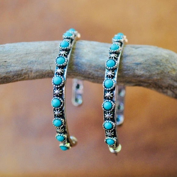 Antique Silver Turquoise Hoop Earrings - Picture 6 of 7